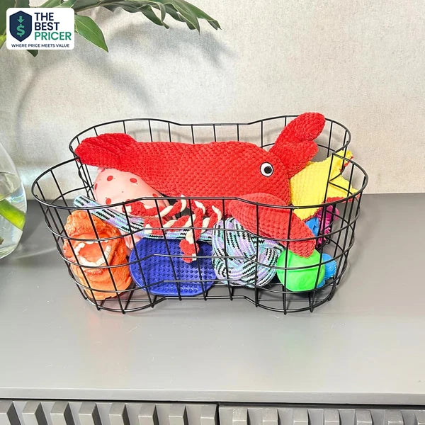 Metal Dog Toy Basket, Bone Shaped Indestructible Dog Toy Bin, Sturdy Dog Storage Organizer, 17 (L) x 13 (W) x 7 (H) inches