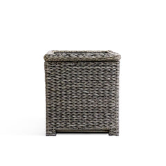 Front view of the Laguna Point end table with open lid, featuring the all-weather resin wicker frame and tempered glass top.