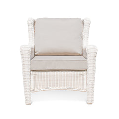 Park Meadows Wicker Outdoor Club Chair in white cream finish, featuring diamond weave details, wide arms, and deep seating. Oakville, ON.