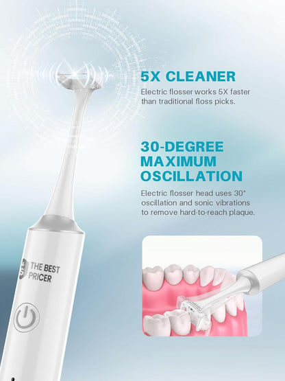 Voraiya Electric Flosser for Teeth & Adults Reusable Dental Floss with 50 Replacement Heads, Water Flosser Alternative for Gentle Gum Care, Teeth Cleaning Tools, and Tongue Scraping