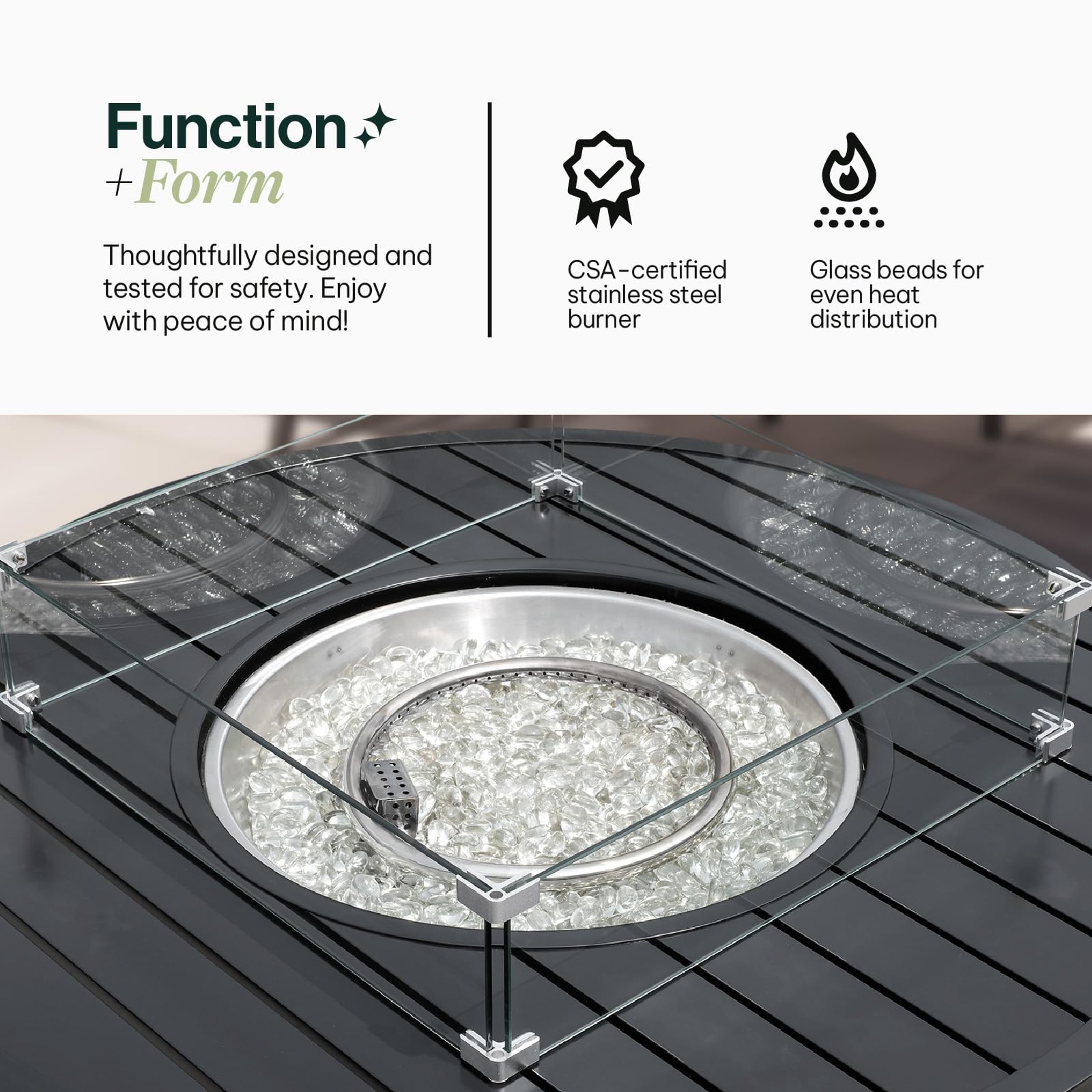 Propane FirePit Table: 50,000 BTU Aluminum Slat Top with Lid, Stainless Steel Burner, Windguard, 8KG Glass Beads, 300D PVC Cover, CSA-Listed