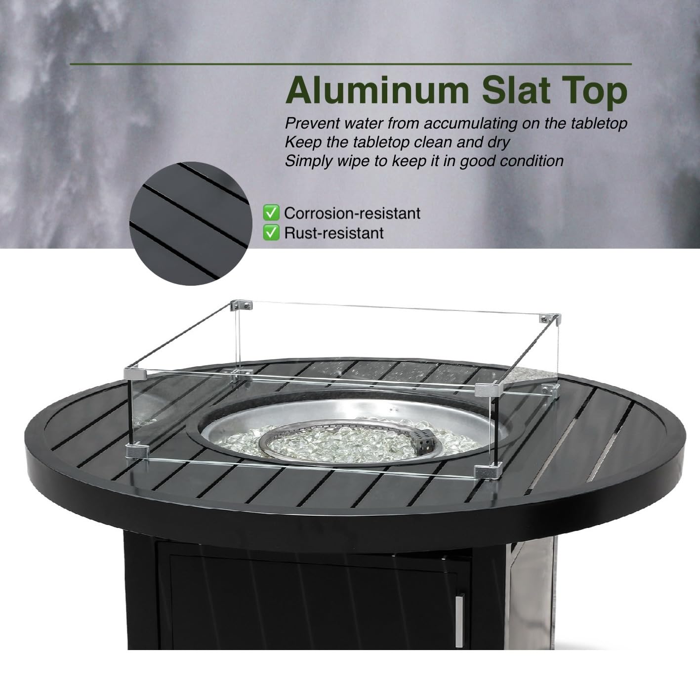 Propane FirePit Table: 50,000 BTU Aluminum Slat Top with Lid, Stainless Steel Burner, Windguard, 8KG Glass Beads, 300D PVC Cover, CSA-Listed