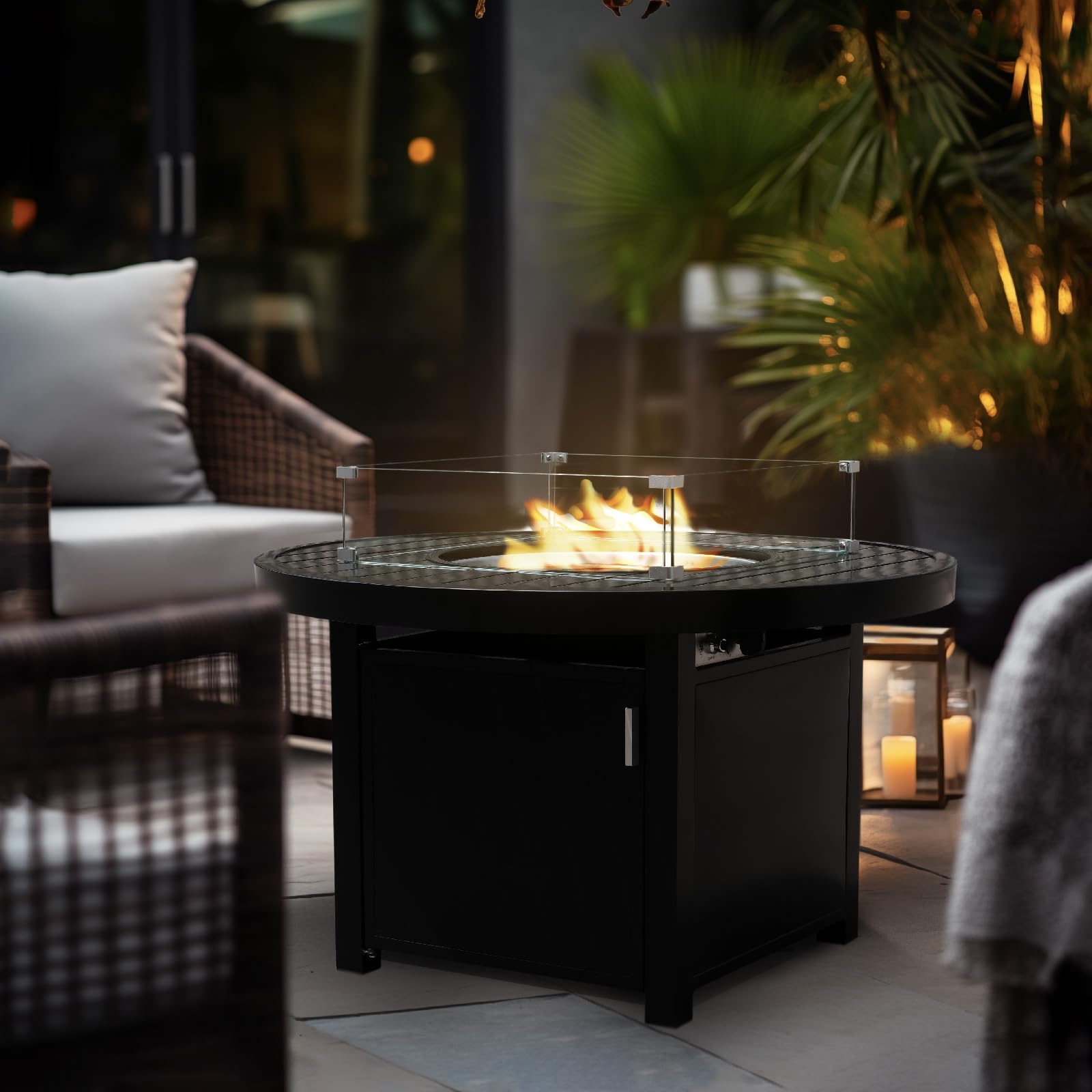 Propane FirePit Table: 50,000 BTU Aluminum Slat Top with Lid, Stainless Steel Burner, Windguard, 8KG Glass Beads, 300D PVC Cover, CSA-Listed