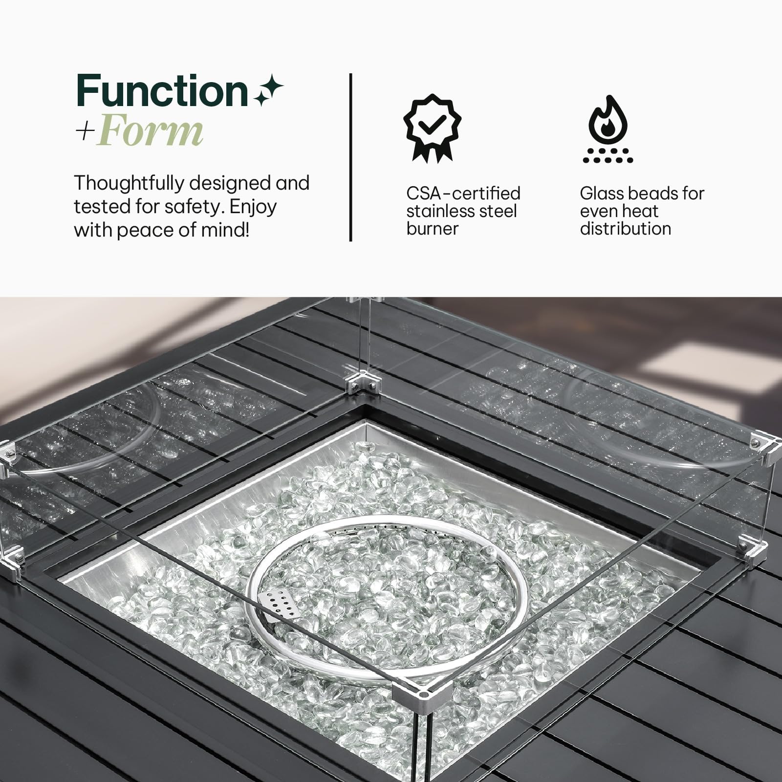 Propane FirePit Table: 50,000 BTU Aluminum Slat Top with Lid, Stainless Steel Burner, Windguard, 8KG Glass Beads, 300D PVC Cover, CSA-Listed