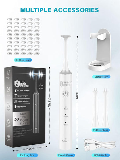 Voraiya Electric Flosser for Teeth & Adults Reusable Dental Floss with 50 Replacement Heads, Water Flosser Alternative for Gentle Gum Care, Teeth Cleaning Tools, and Tongue Scraping