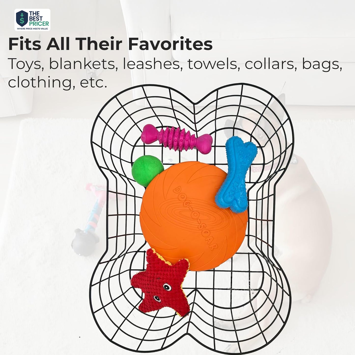 Metal Dog Toy Basket, Bone Shaped Indestructible Dog Toy Bin, Sturdy Dog Storage Organizer, 17 (L) x 13 (W) x 7 (H) inches