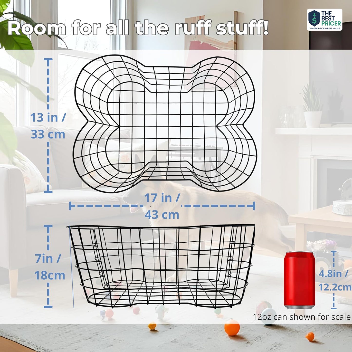 Metal Dog Toy Basket, Bone Shaped Indestructible Dog Toy Bin, Sturdy Dog Storage Organizer, 17 (L) x 13 (W) x 7 (H) inches