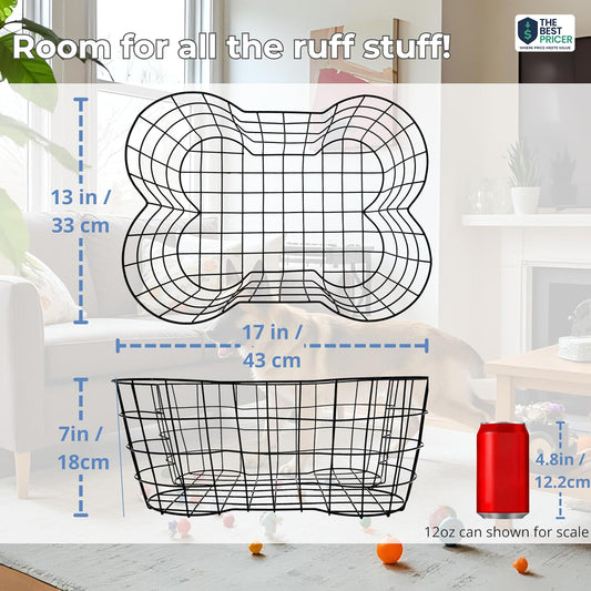 Metal Dog Toy Basket, Bone Shaped Indestructible Dog Toy Bin, Sturdy Dog Storage Organizer, 17 (L) x 13 (W) x 7 (H) inches