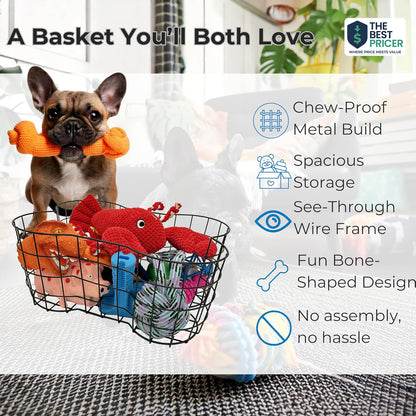 Metal Dog Toy Basket, Bone Shaped Indestructible Dog Toy Bin, Sturdy Dog Storage Organizer, 17 (L) x 13 (W) x 7 (H) inches