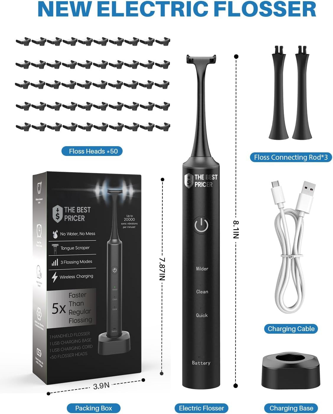 Voraiya Electric Flosser for Teeth Reusable Dental Floss with 50 Replacement Heads,Dentist Recommended Tooth Flossers,Water Flosser Alternative,Rechargeable Dental Floss Picks for Adults,Travel