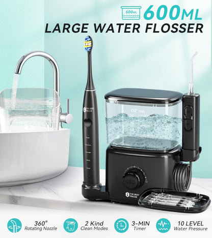 Professional Water Flosser & Electric Toothbrush Combo, 600ML Home Use Oral Irrigator for 10 Adjustable Water Pressure, 2 Cleaning Modes, 1+1 Brushing & Flossing for Complete Oral Care (Black)