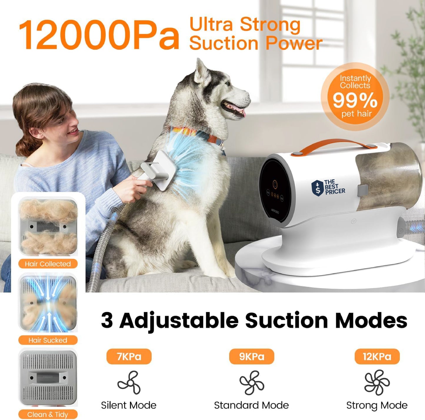 AIRROBO Dog Grooming Vacuum Kit – 12,000Pa Suction, 2L Capacity, Low Noise, Model PG100