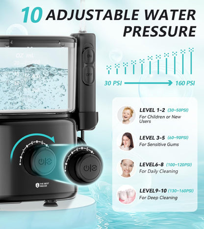 Professional Water Flosser & Electric Toothbrush Combo, 600ML Home Use Oral Irrigator for 10 Adjustable Water Pressure, 2 Cleaning Modes, 1+1 Brushing & Flossing for Complete Oral Care (Black)