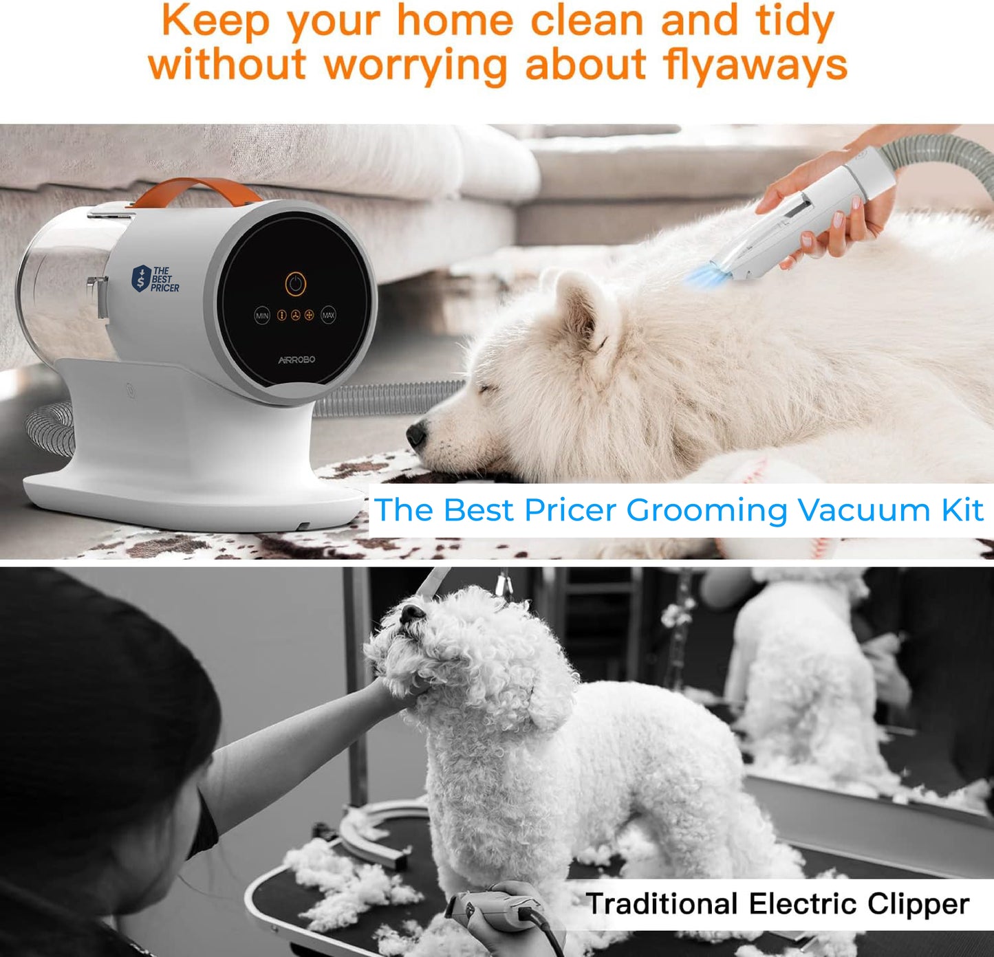 AIRROBO Dog Grooming Vacuum Kit – 12,000Pa Suction, 2L Capacity, Low Noise, Model PG100