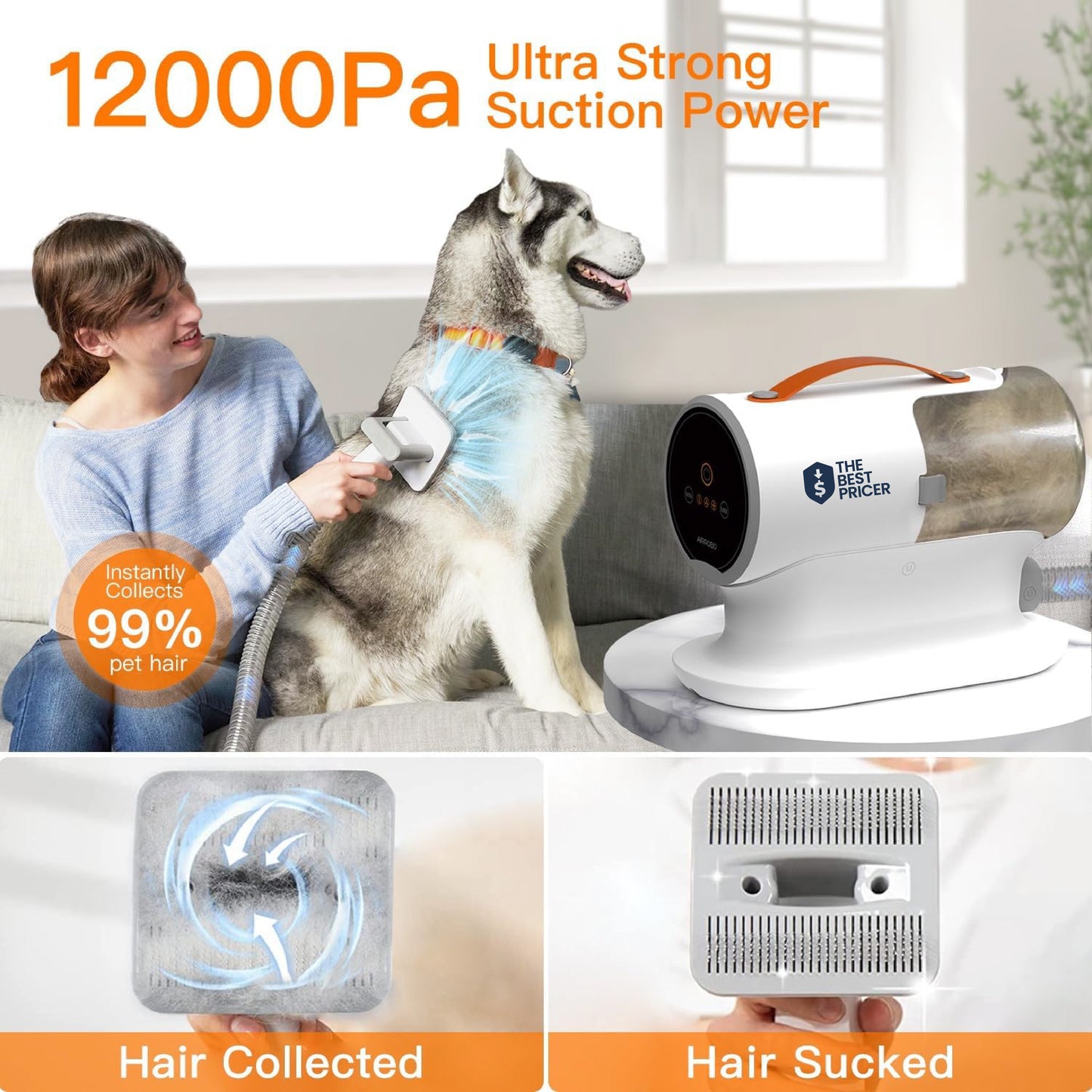 AIRROBO Dog Grooming Vacuum Kit – 12,000Pa Suction, 2L Capacity, Low Noise, Model PG100