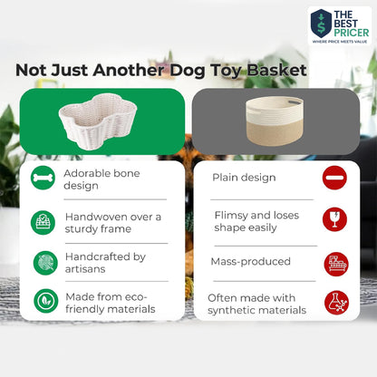Dog Toy Basket, Handmade Dog Toy Bin, Bone Shaped Pet Organizer, Cat Storage Box (Cotton Rope, 17x13in)