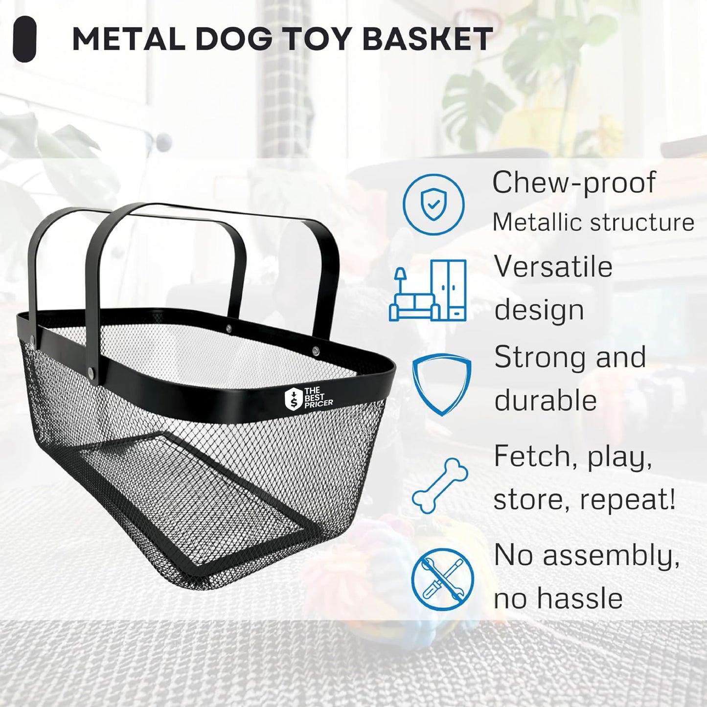 Dog Toy Basket Metal Mesh Metal, Chew Proof Black Dog Toy Bin, Durable Dog Toy Box, Sturdy Dog Toy Storage