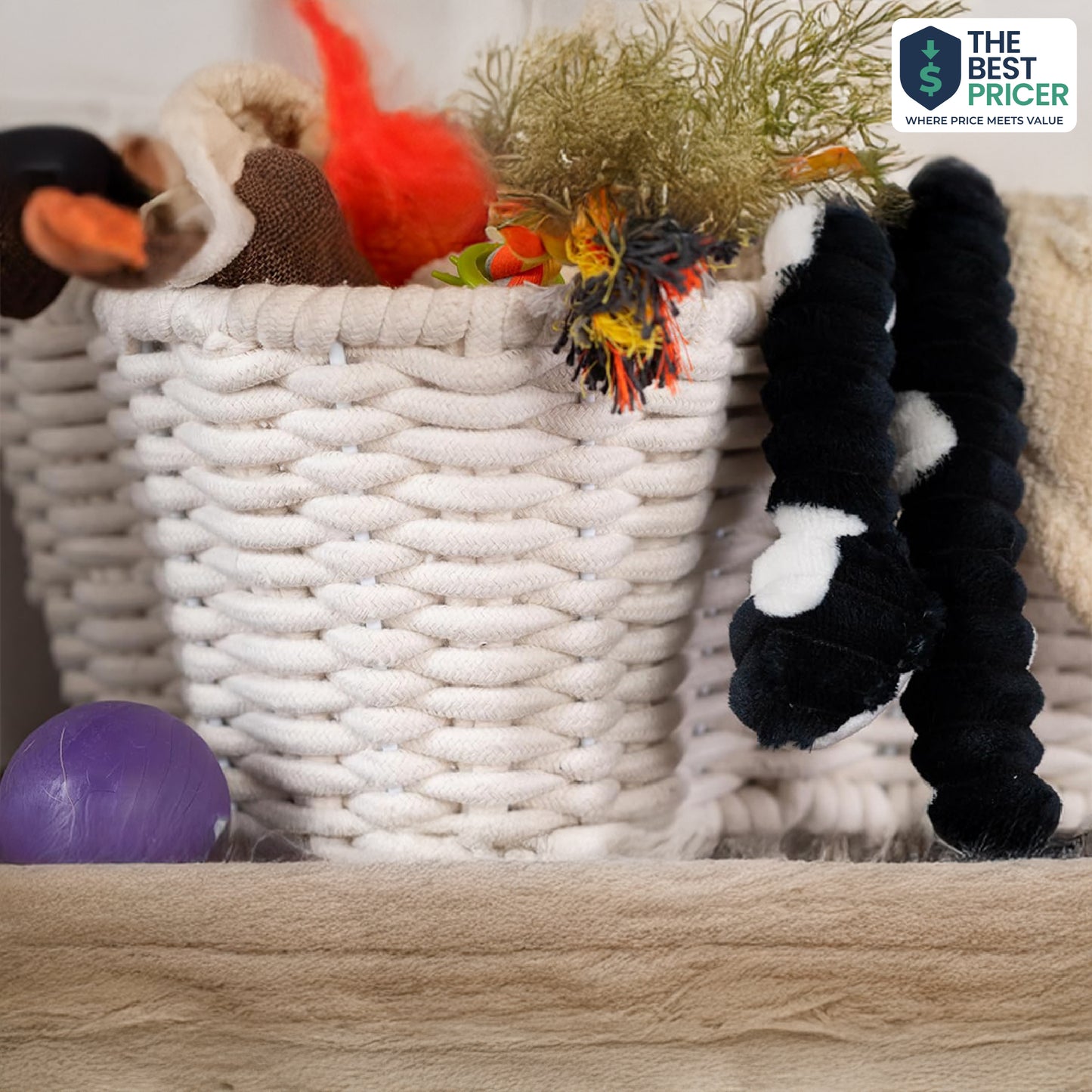Dog Toy Basket, Handmade Dog Toy Bin, Bone Shaped Pet Organizer, Cat Storage Box (Cotton Rope, 17x13in)