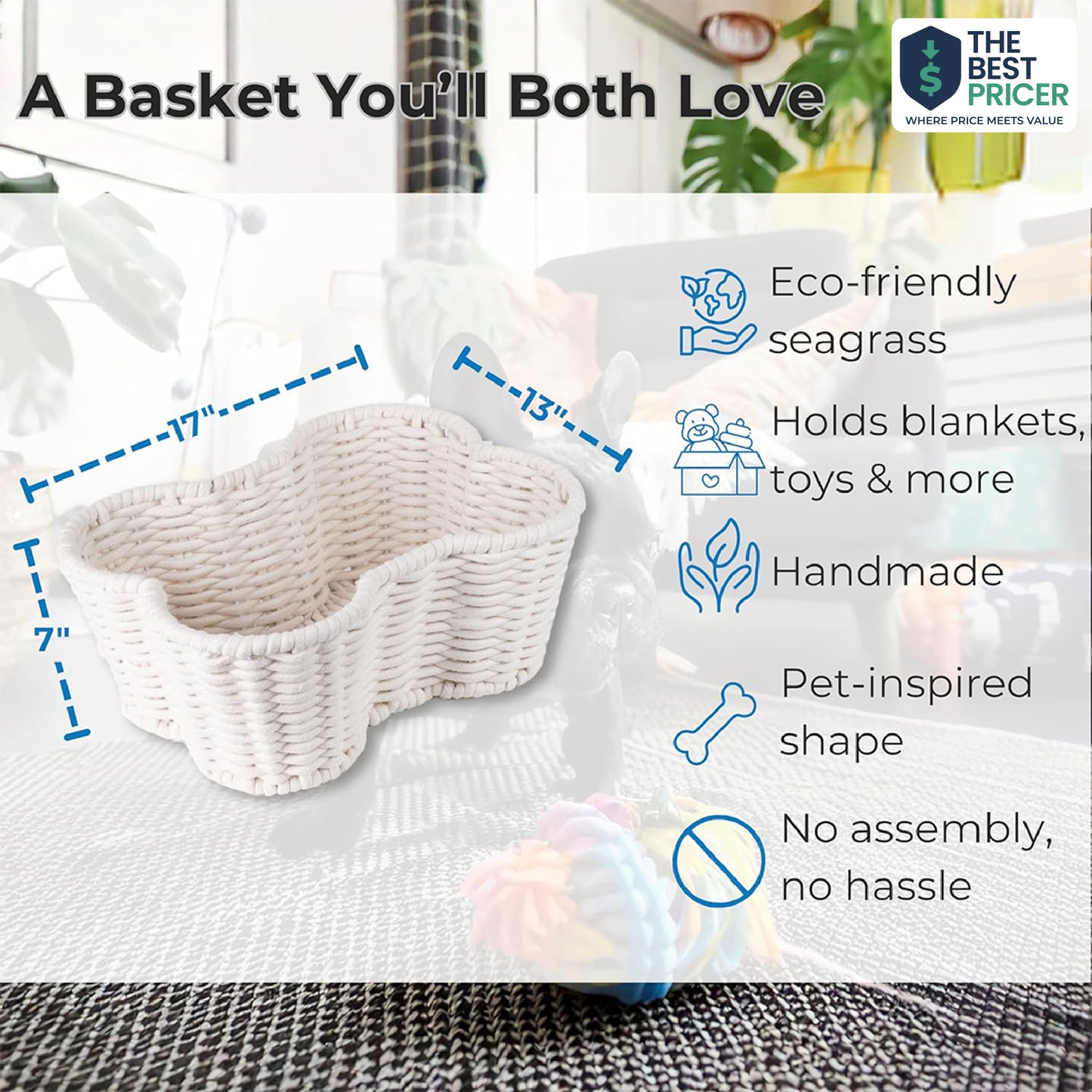 Dog Toy Basket, Handmade Dog Toy Bin, Bone Shaped Pet Organizer, Cat Storage Box (Cotton Rope, 17x13in)