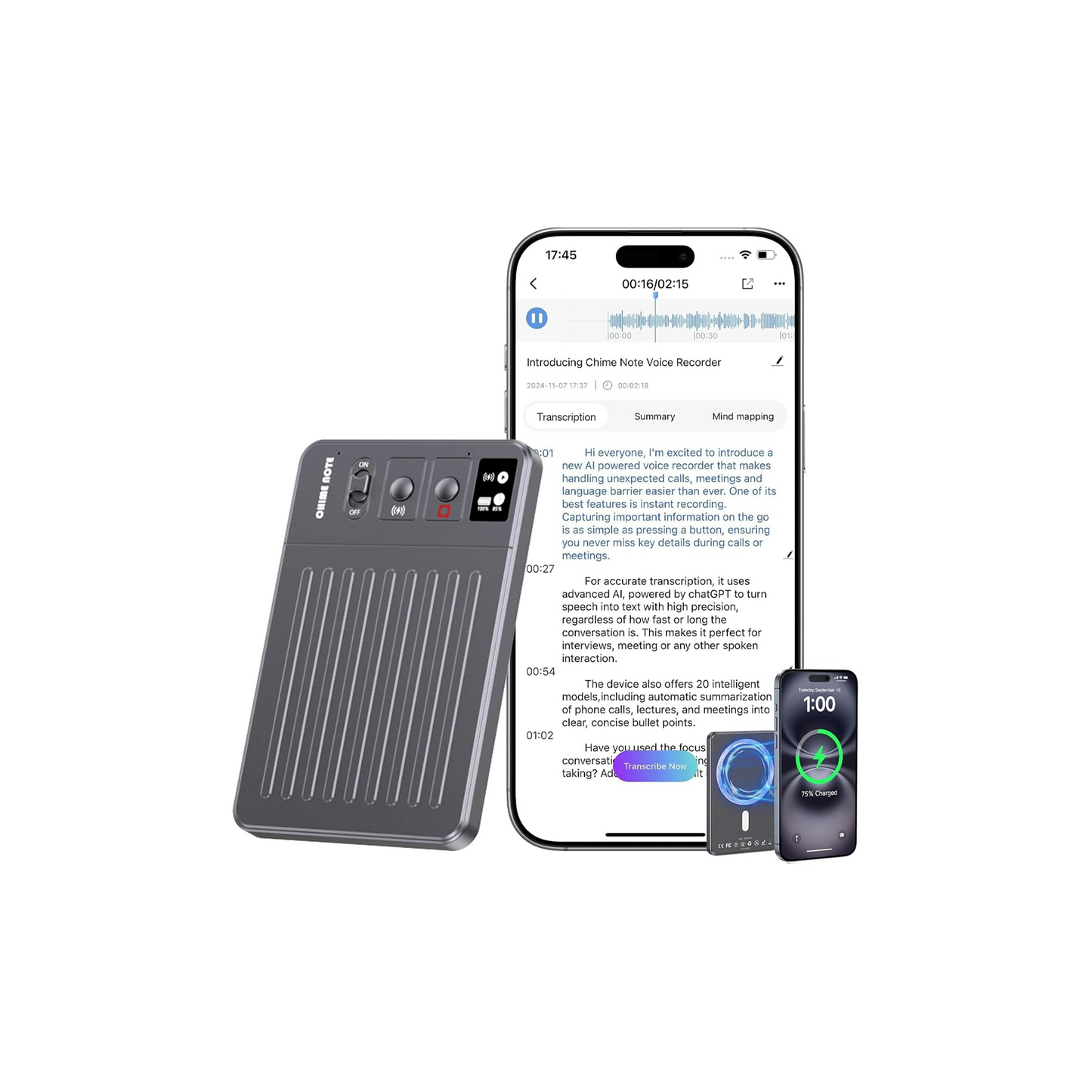 AI Voice Recorder with Transcription, 64GB, App/Web Control, Wireless Charging, Grey